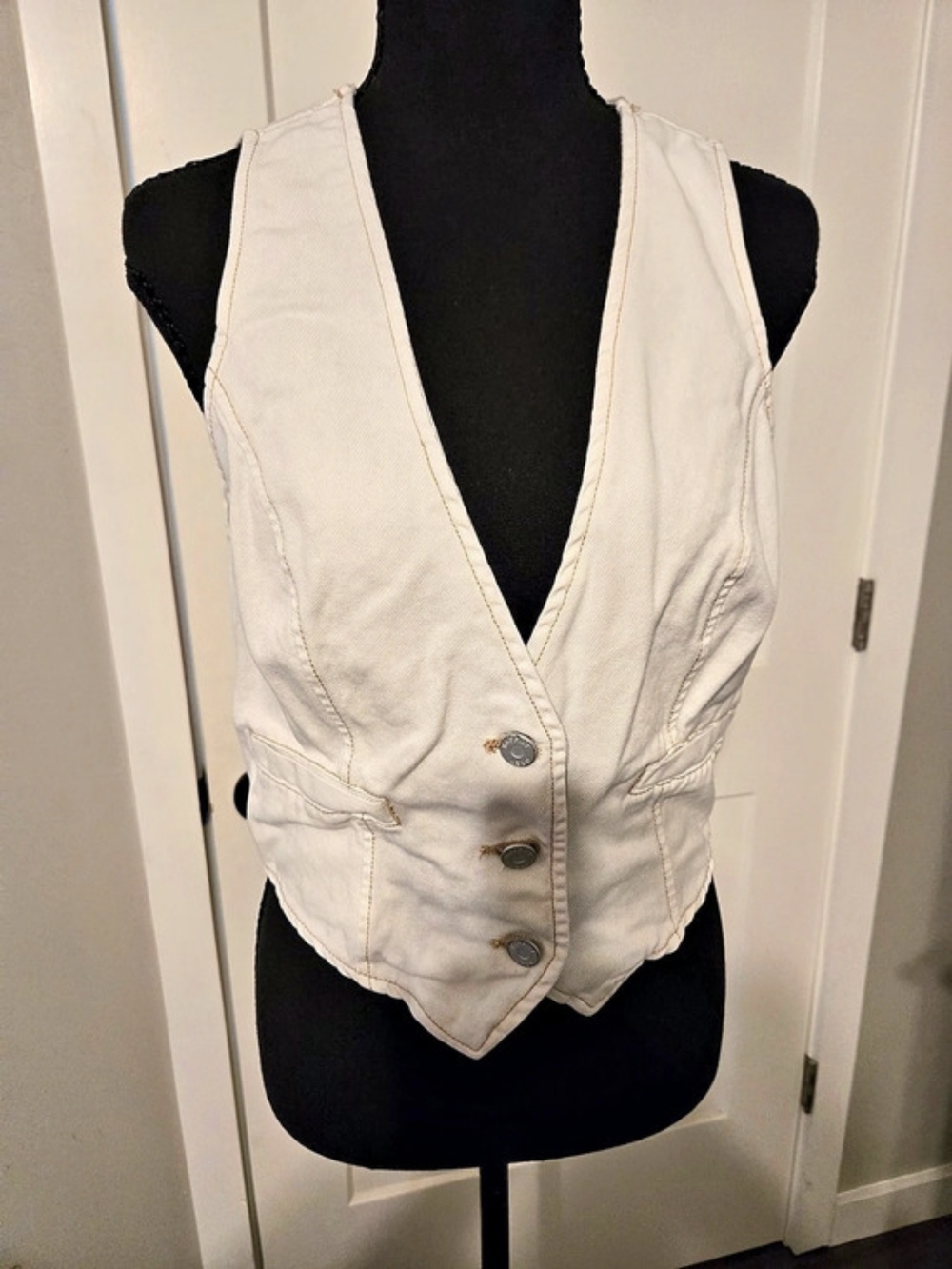 Happily Grey Off White Cream Cropped Denim Vest L 100% Cotton